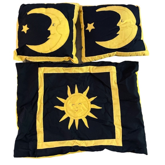 Celestial handmade yellow/black sun moon & star toss pillows & 1 sun pillowcase